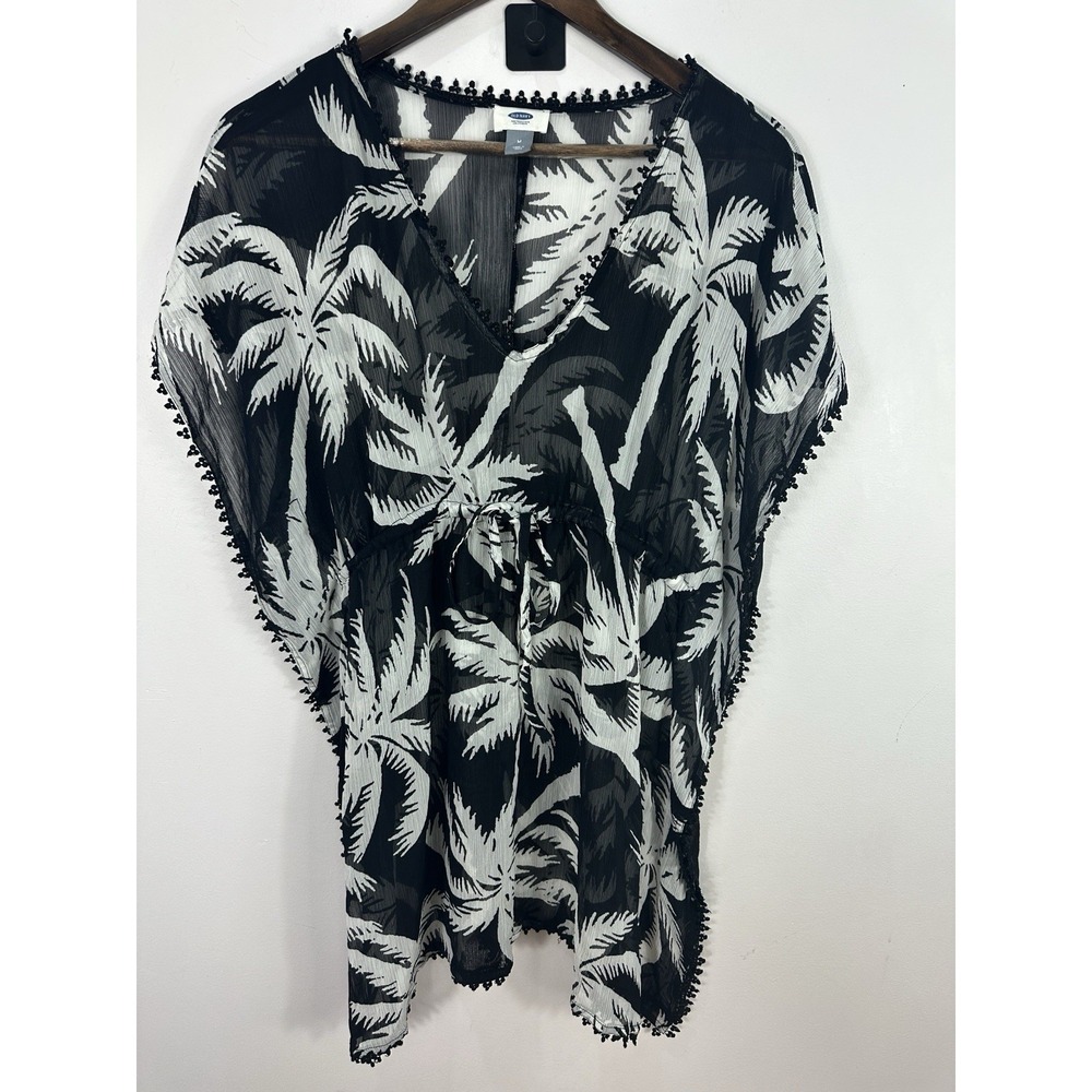 Old Navy Swim Cover Up Women Medium Black White Palm Tree Pom Pom Boho Beach